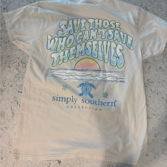 Simply Southern Turtle Rescue -Cream Tee with Blue and Yellow Graphic - Picture 1 of 2